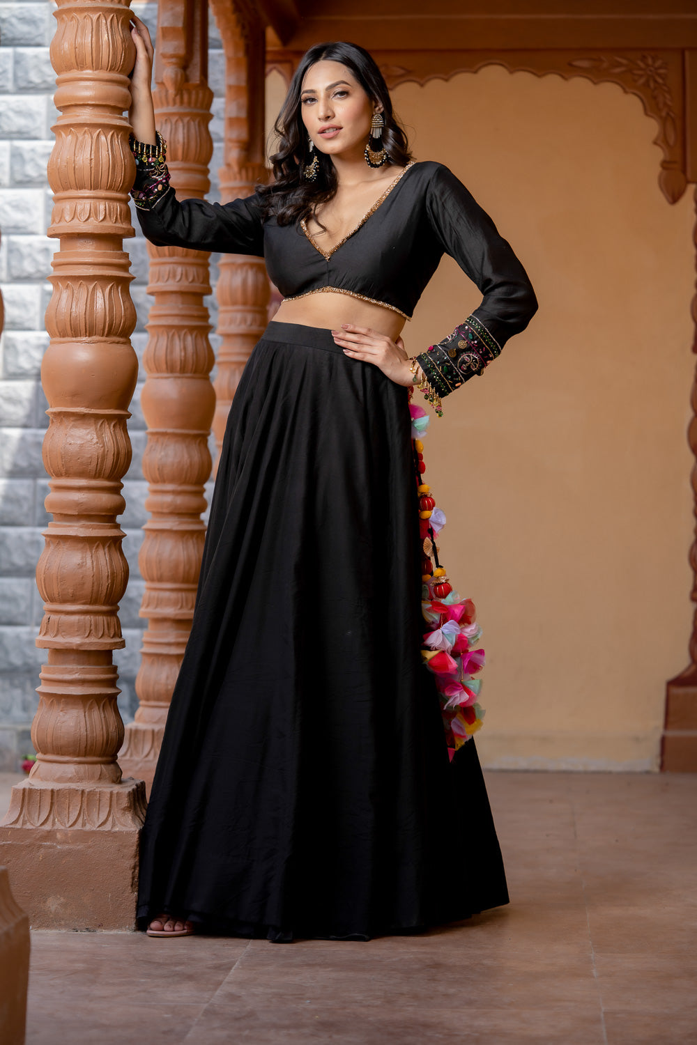 BLACK V-NECK MULTICOLOR EMBELLISHED LEHENGA SET (7718709035254)