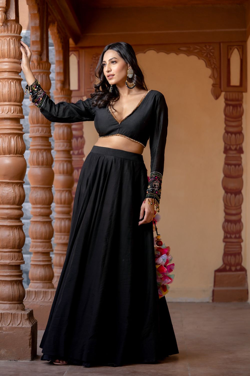 BLACK V-NECK MULTICOLOR EMBELLISHED LEHENGA SET (7718709035254)