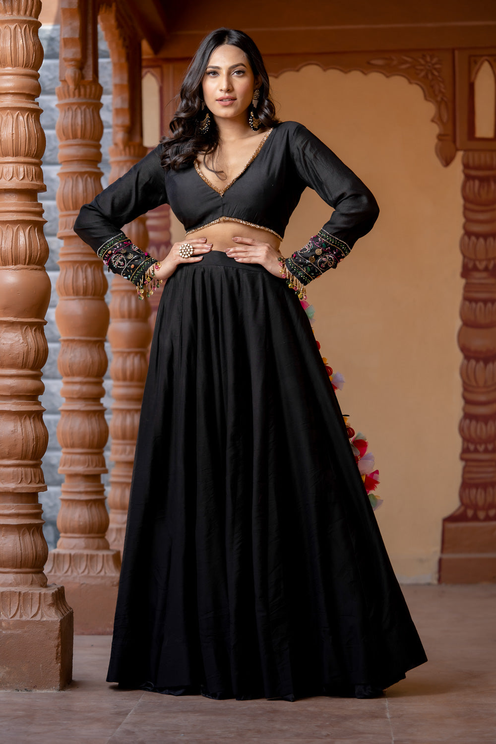 BLACK V-NECK MULTICOLOR EMBELLISHED LEHENGA SET (7718709035254)
