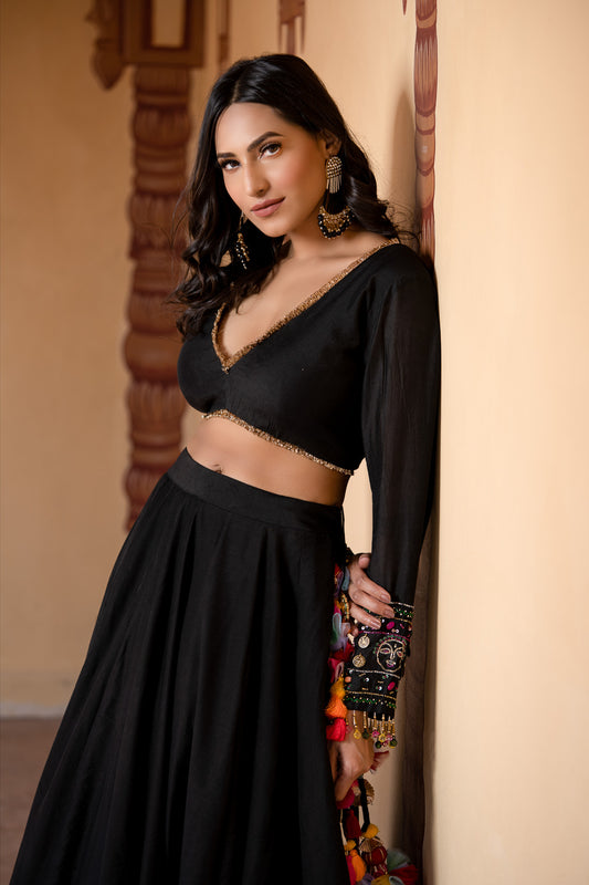 BLACK V-NECK MULTICOLOR EMBELLISHED LEHENGA SET (7718709035254)