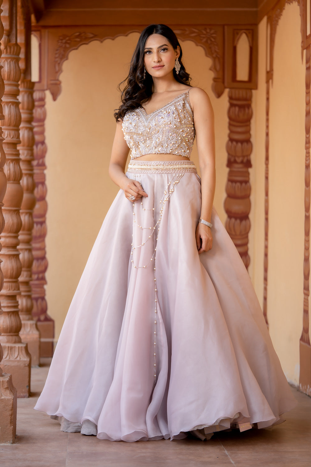 BEIGE PEARL EMBELLISHED LEHENGA SET (7718687441142)