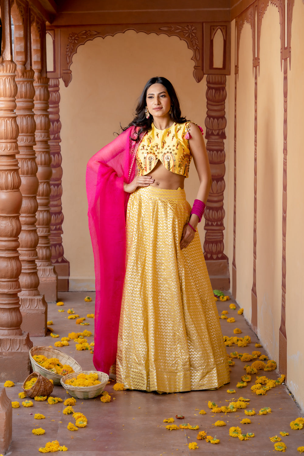 YELLOW GOLD EMBELLISHED LEHENGA SET WITH HOT PINK DUPATTA (7717878628598)