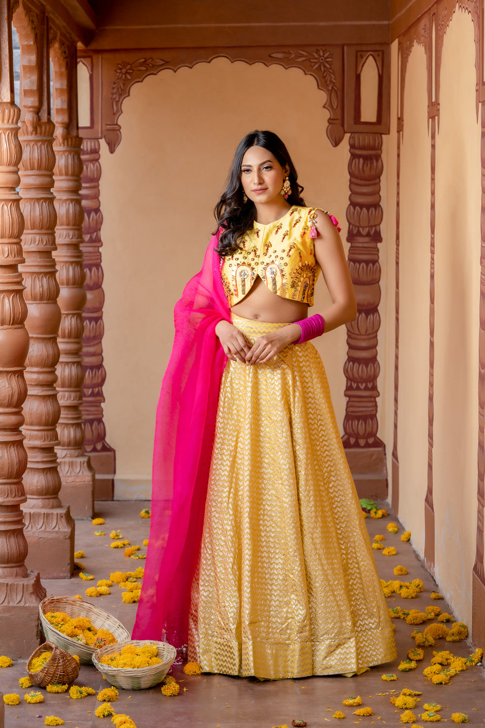YELLOW GOLD EMBELLISHED LEHENGA SET WITH HOT PINK DUPATTA (7717878628598)