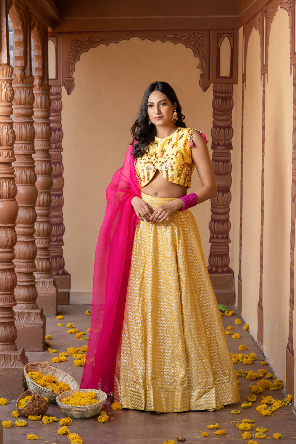 YELLOW GOLD EMBELLISHED LEHENGA SET WITH HOT PINK DUPATTA (7717878628598)