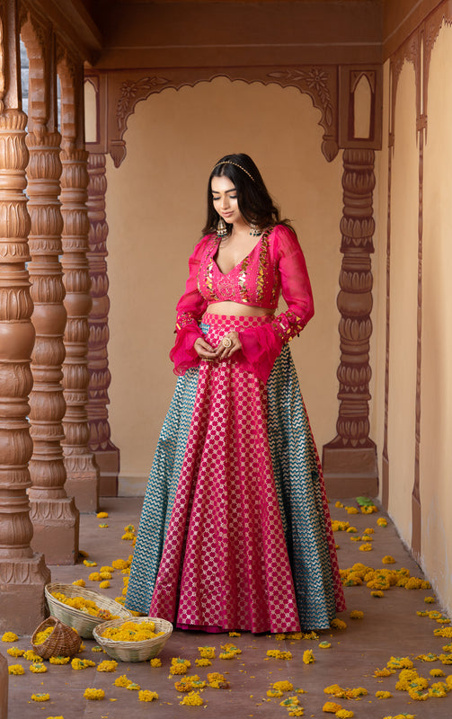 HOT PINK GOLD EMBELLISHED MULTICOLOR LEHENGA SET (7717876138230)