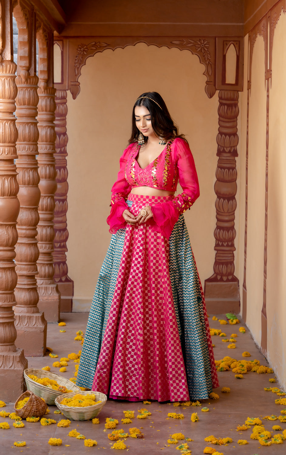 HOT PINK GOLD EMBELLISHED MULTICOLOR LEHENGA SET (7717876138230)