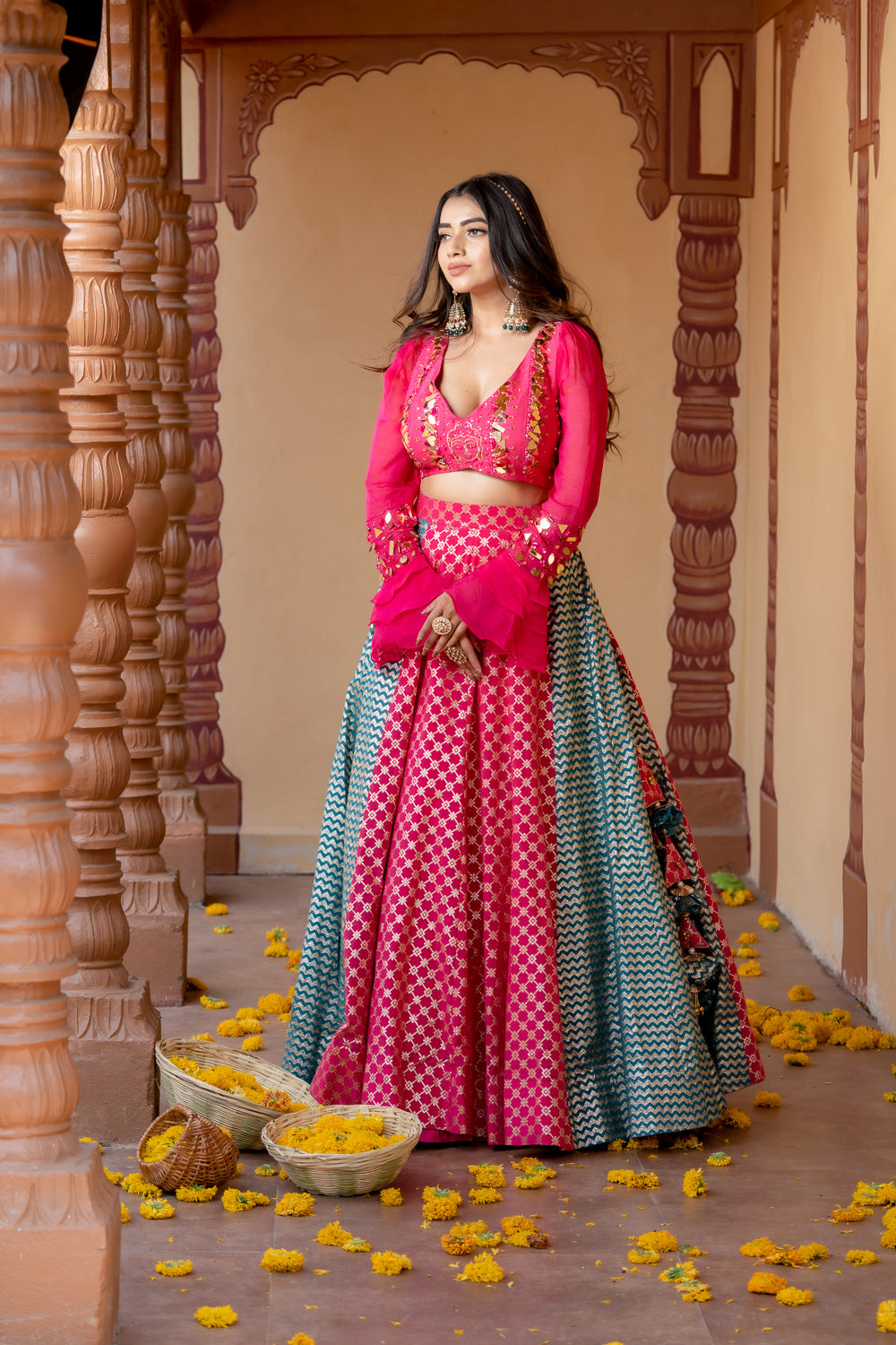 HOT PINK GOLD EMBELLISHED MULTICOLOR LEHENGA SET (7717876138230)