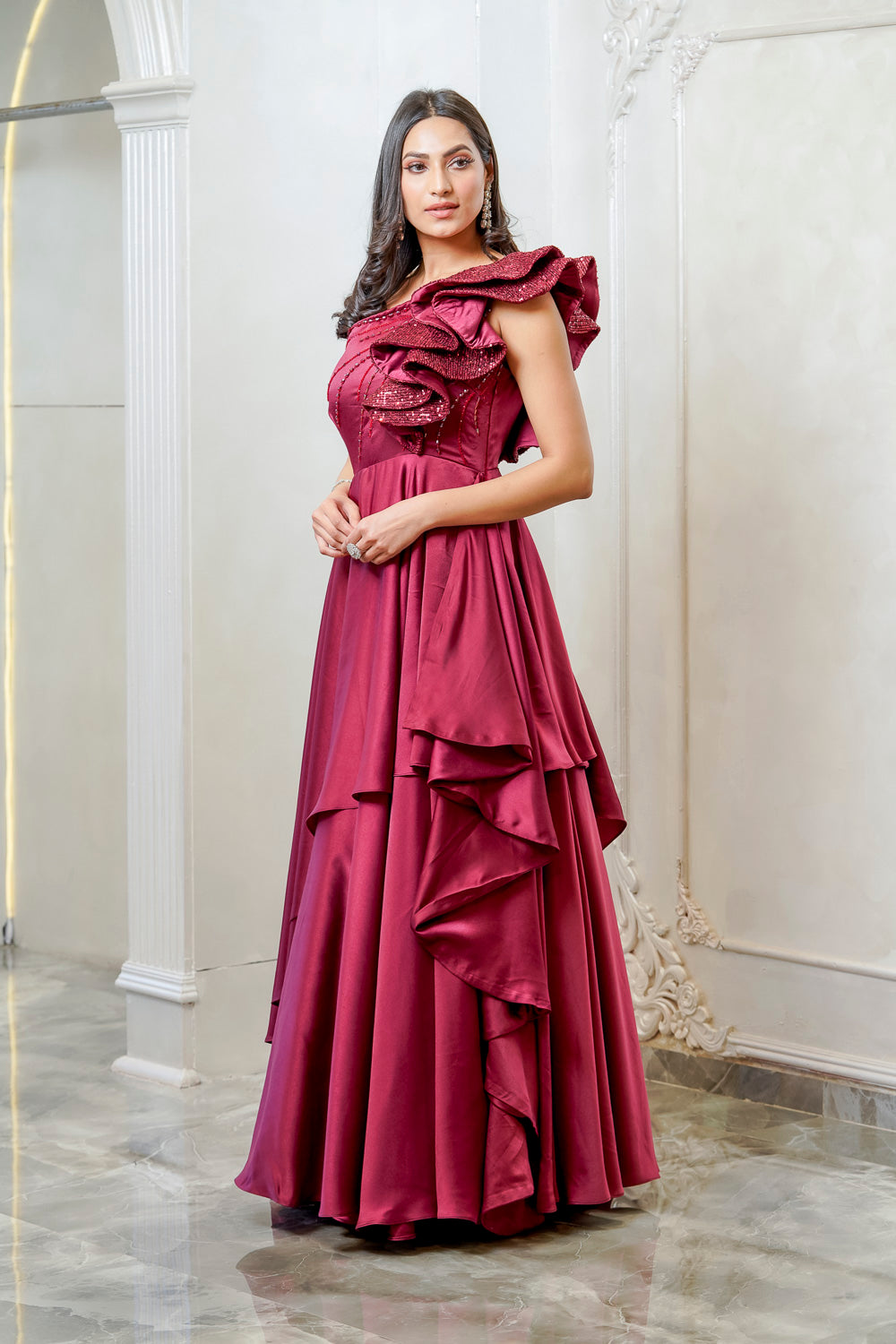 MAROON SEQUENCE RUFFLE FLARE GOWN (7557822775542)