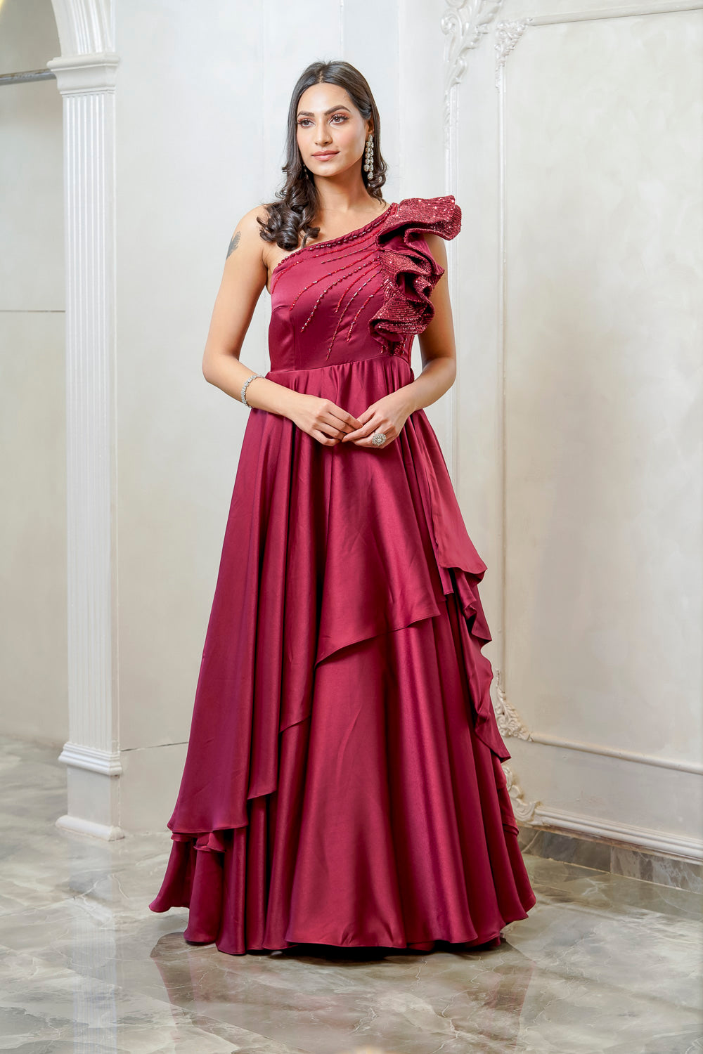MAROON SEQUENCE RUFFLE FLARE GOWN (7557822775542)