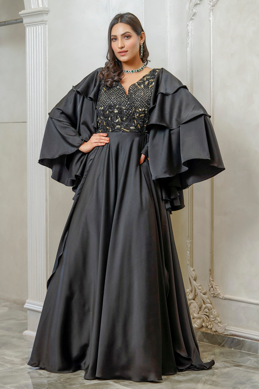 BLACK AND GOLD LAYERED SLEEVE GOWN (7557828968694)