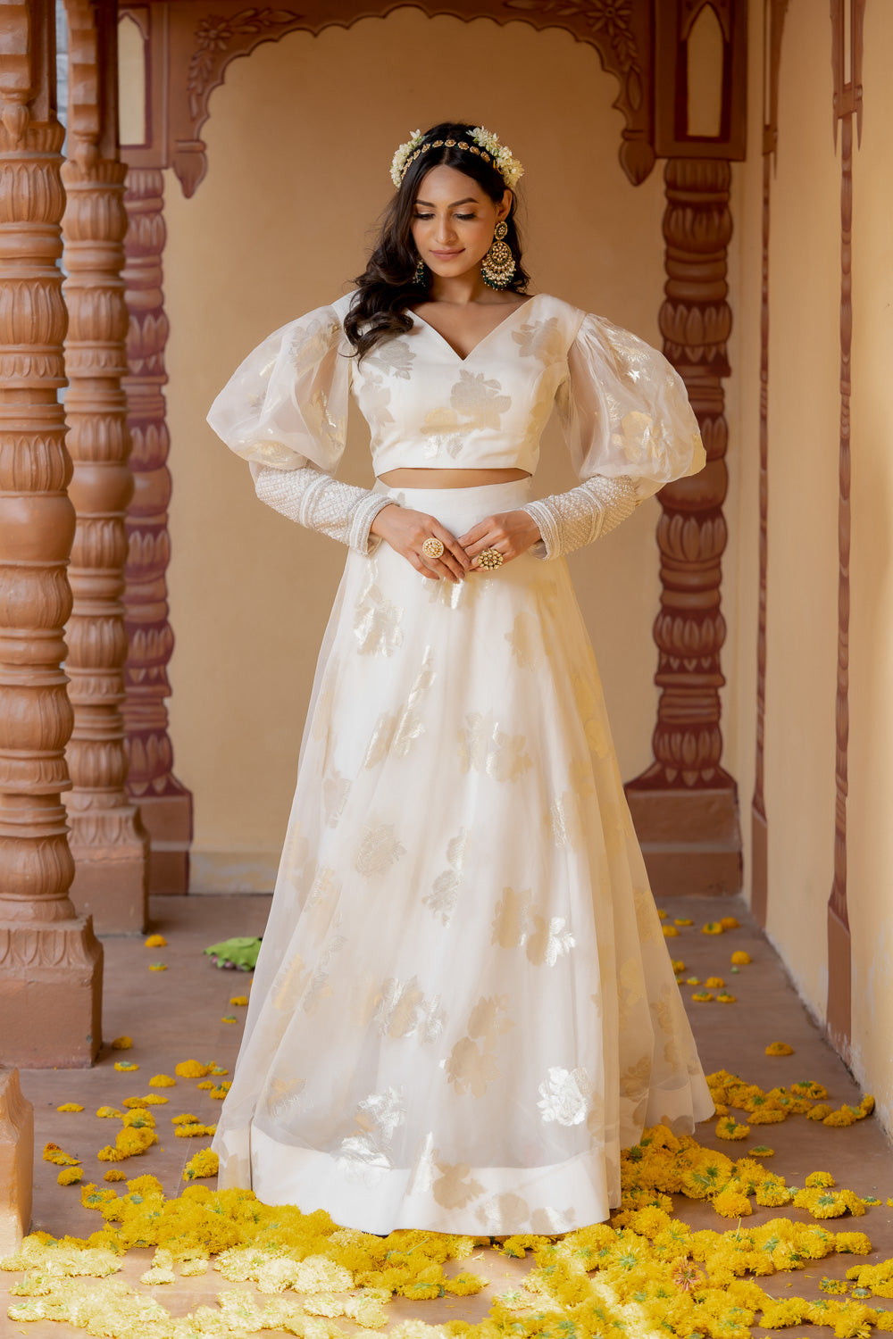 WHITE PEARL EMBELLISHED CUFF LEHENGA SET (7717793300726)