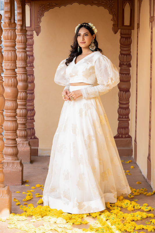 WHITE PEARL EMBELLISHED CUFF LEHENGA SET (7717793300726)