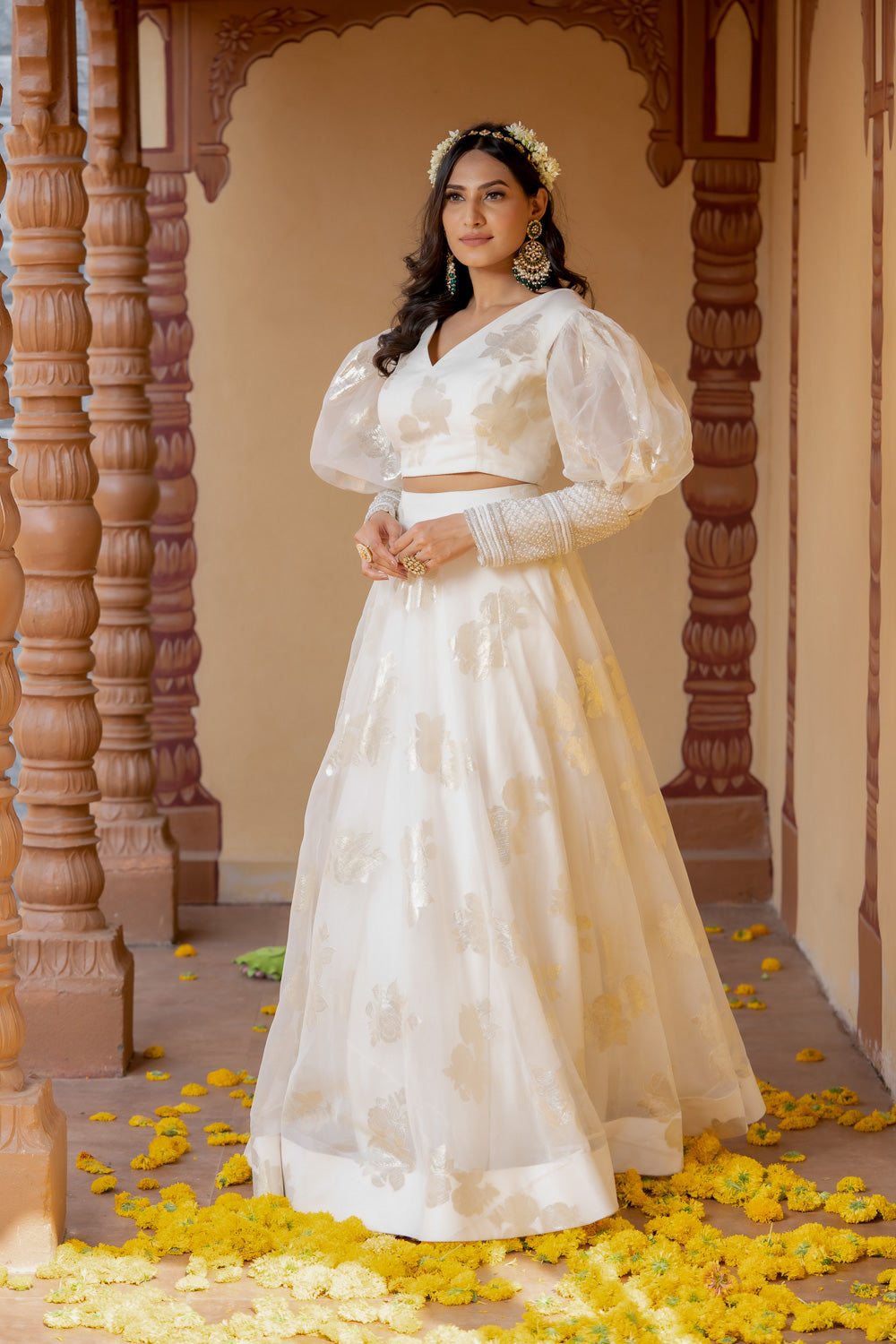 WHITE PEARL EMBELLISHED CUFF LEHENGA SET (7717793300726)