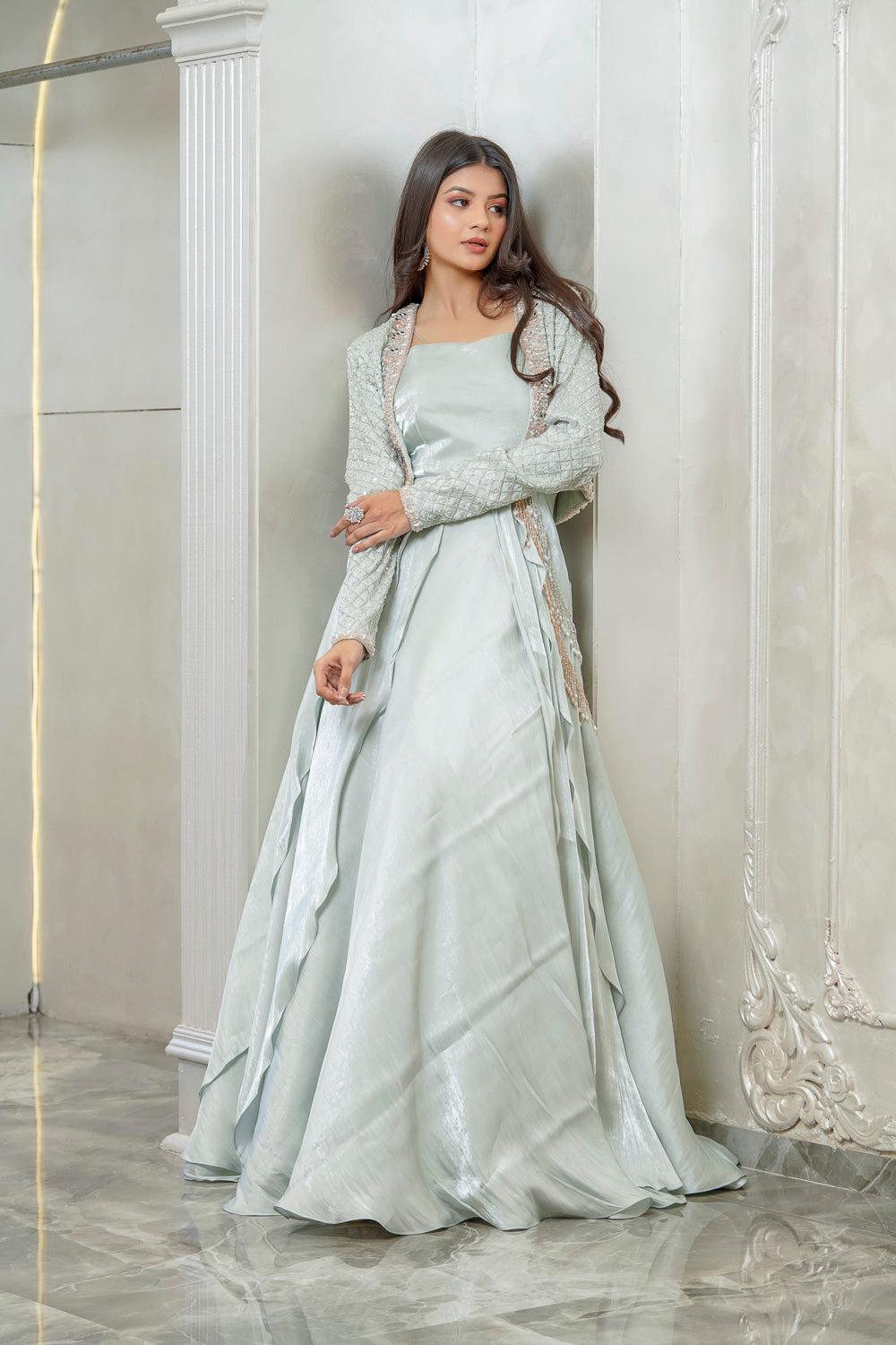 MINT GREEN FLARED GOWN WITH CROP JACKET (7557841289462)