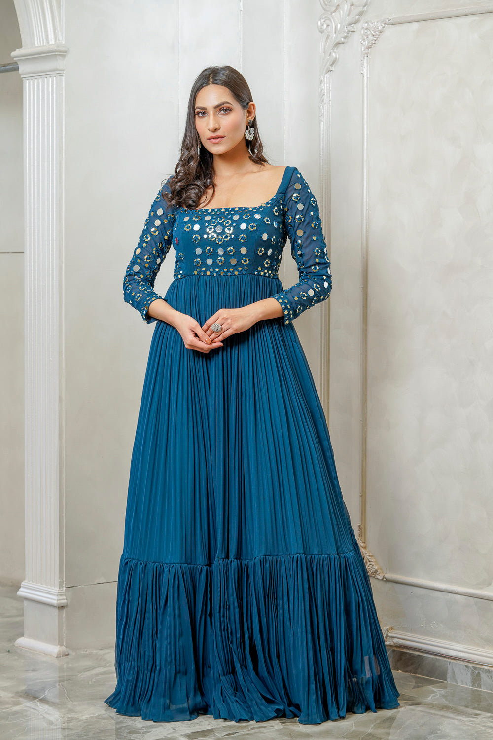 ROYAL BLUE MIRROR EMBELLISHED FLARED GOWN (7557846696182)
