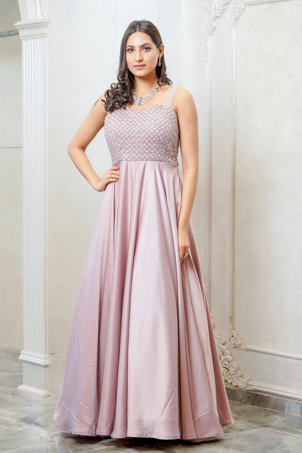 PINK SWEETHEART NECK EMBELLISHED FLARED GOWN (7557857902838)