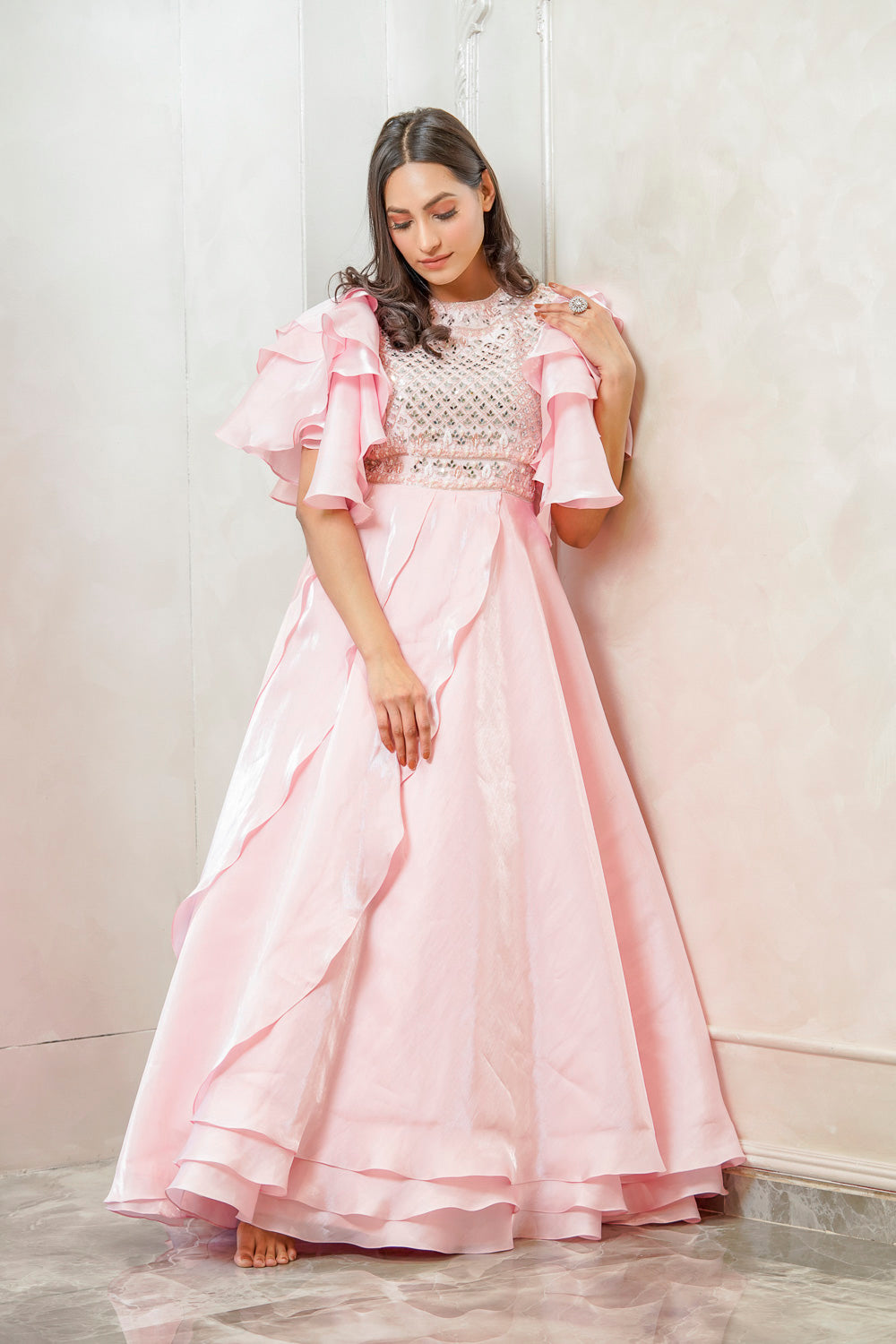 PINK MIRROR EMBELLISHED LAYERED SLEEVE GOWN (7557884182774)