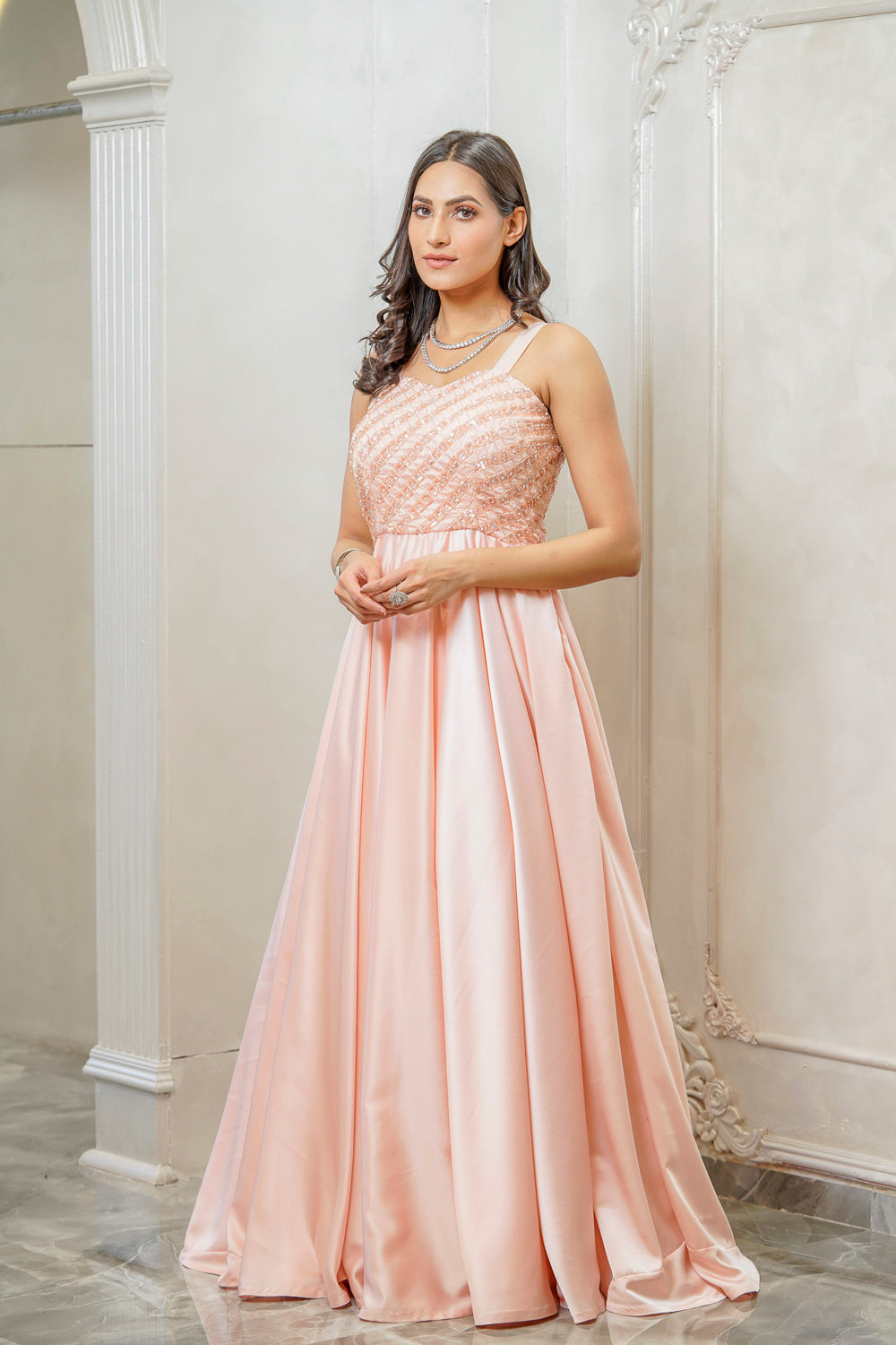 BABY PINK SWEETHEART NECK FLARED GOWN (7557894242550)