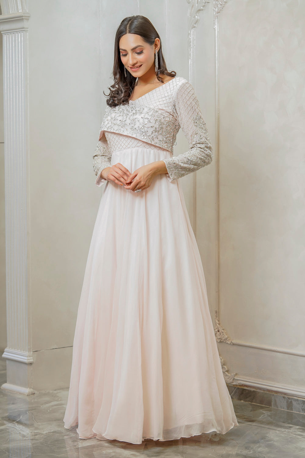 BABY PINK V-NECK FLARED GOWN (7557949456630)