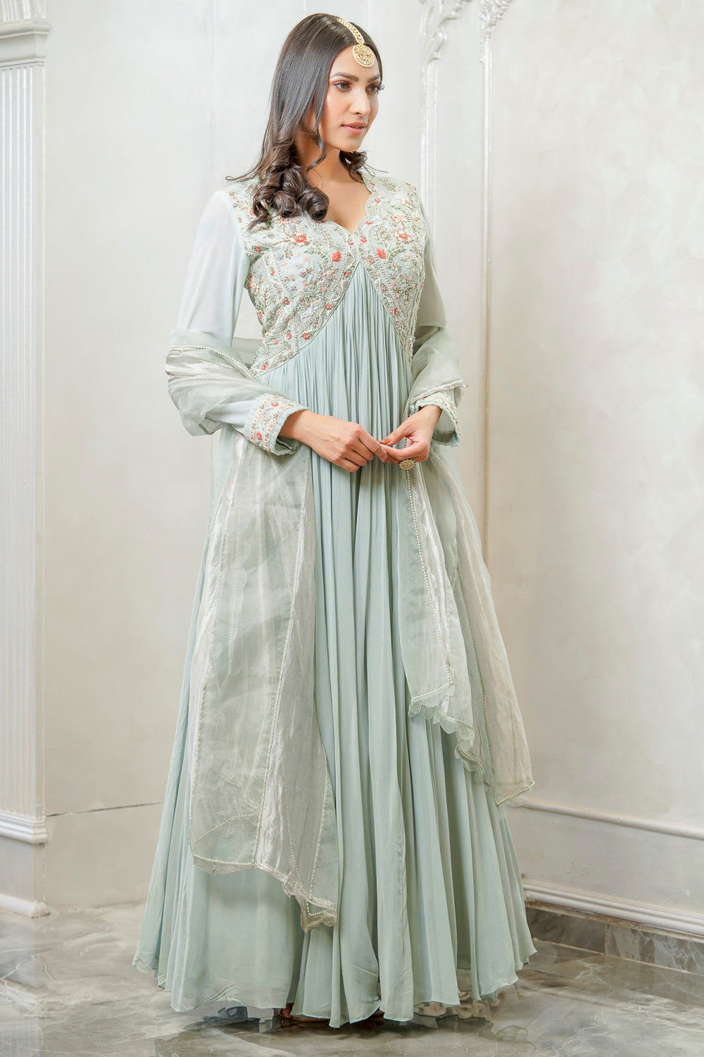 BLUE GATHERED FLARED GOWN WITH DUPATTA (7557986156790)