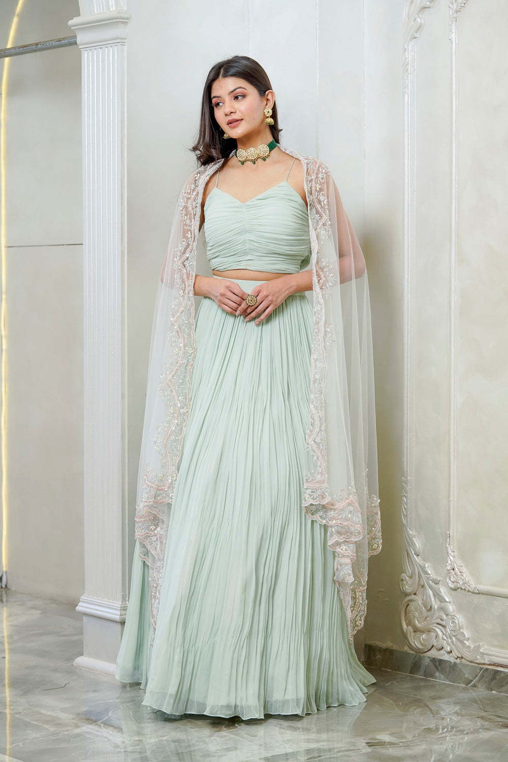 MINT GREEN GATHERED CAPE LEHENGA SET (7557997691126)