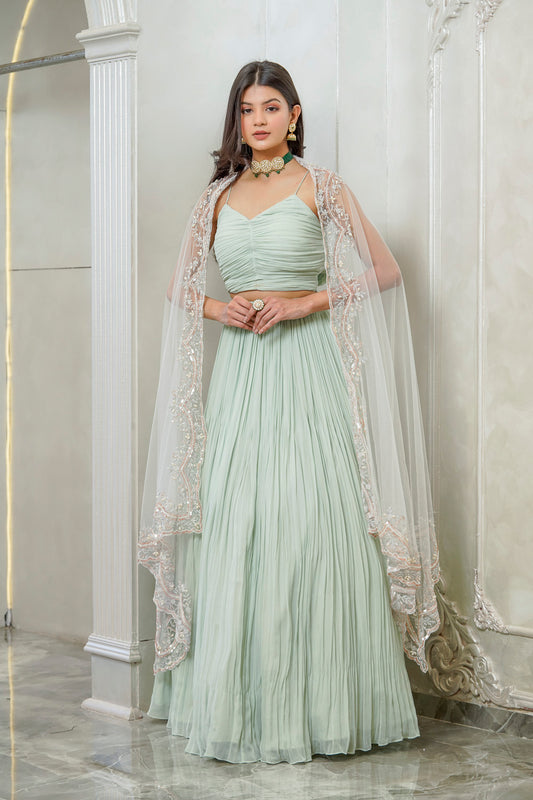 MINT GREEN GATHERED CAPE LEHENGA SET (7557997691126)