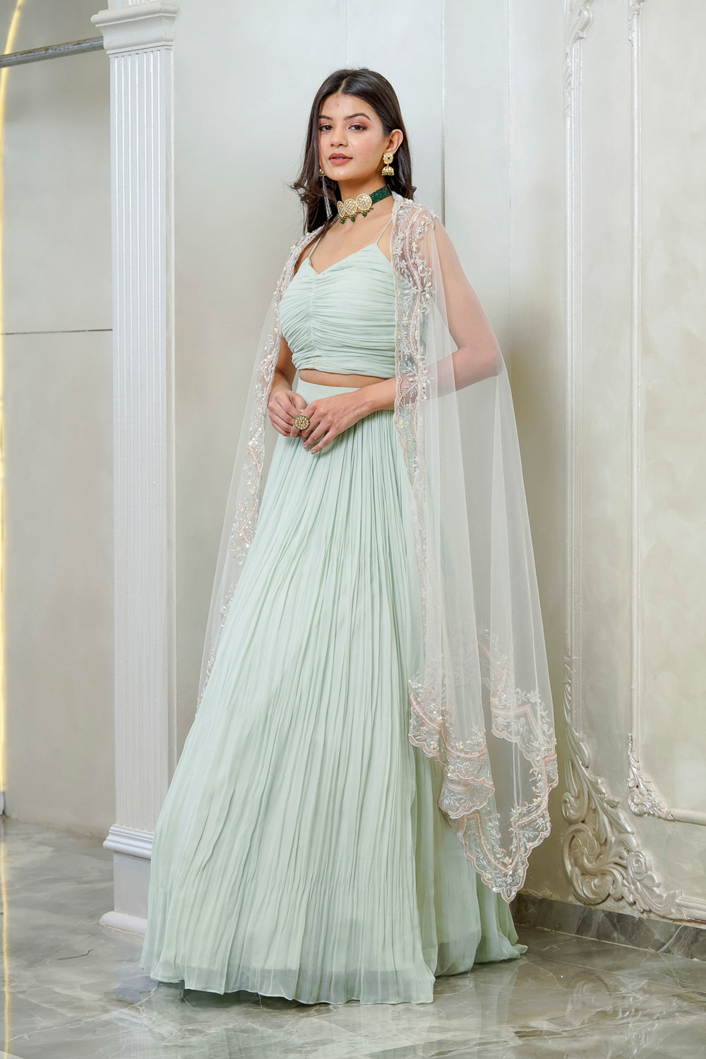 MINT GREEN GATHERED CAPE LEHENGA SET (7557997691126)