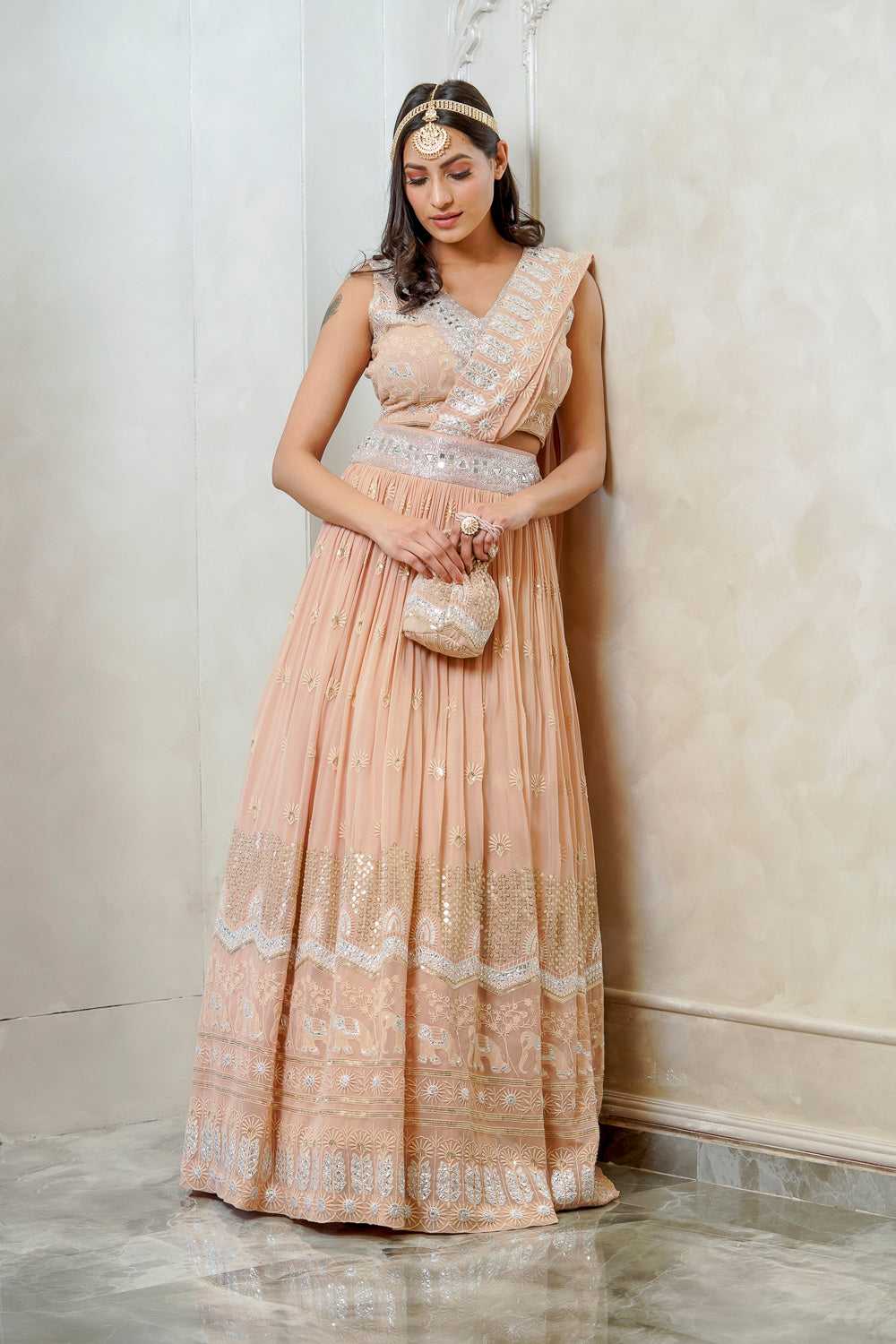 PEACH EMBELLISHED LEHENGA SET (7558002770166)