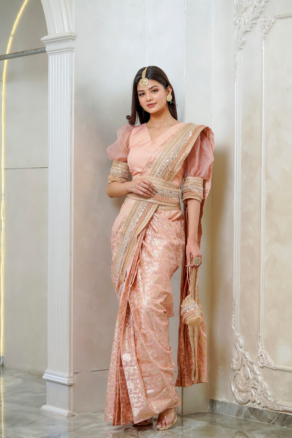 PEACH PUFF SLEEVE EMBELLISHED SAREE WITH BELT (7558022201590)
