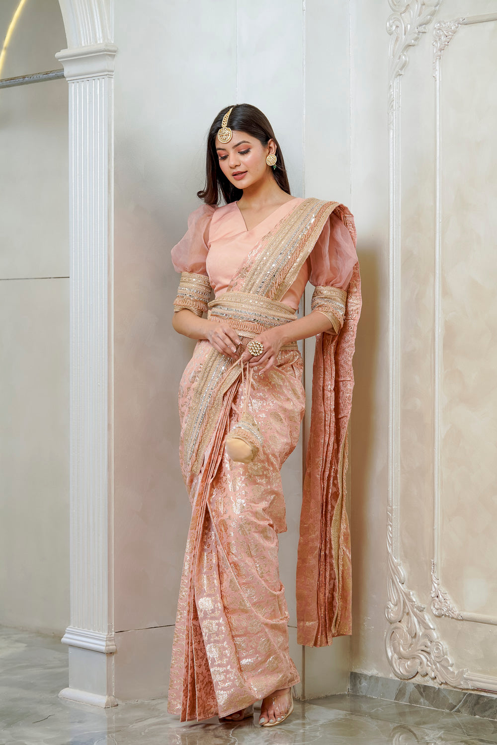 PEACH PUFF SLEEVE EMBELLISHED SAREE WITH BELT
