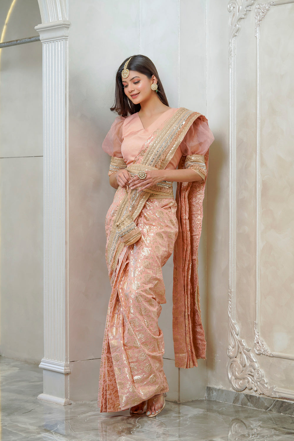 PEACH PUFF SLEEVE EMBELLISHED SAREE WITH BELT (7558022201590)