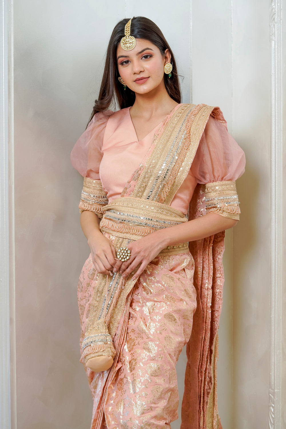 PEACH PUFF SLEEVE EMBELLISHED SAREE WITH BELT (7558022201590)