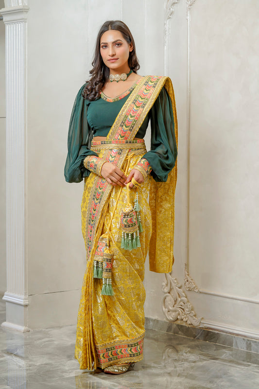 YELLOW BANARSI EMBELLISHED SAREE WITH CONTRASTING BLOUSE (7558032163062)