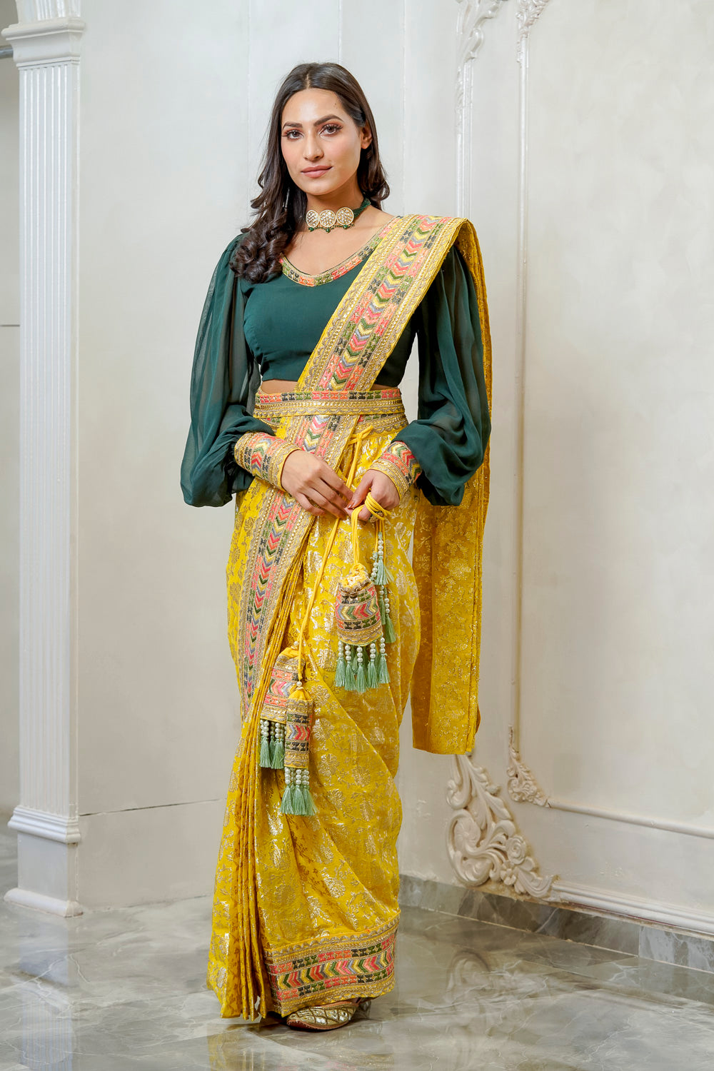 YELLOW BANARSI EMBELLISHED SAREE WITH CONTRASTING BLOUSE (7558032163062)
