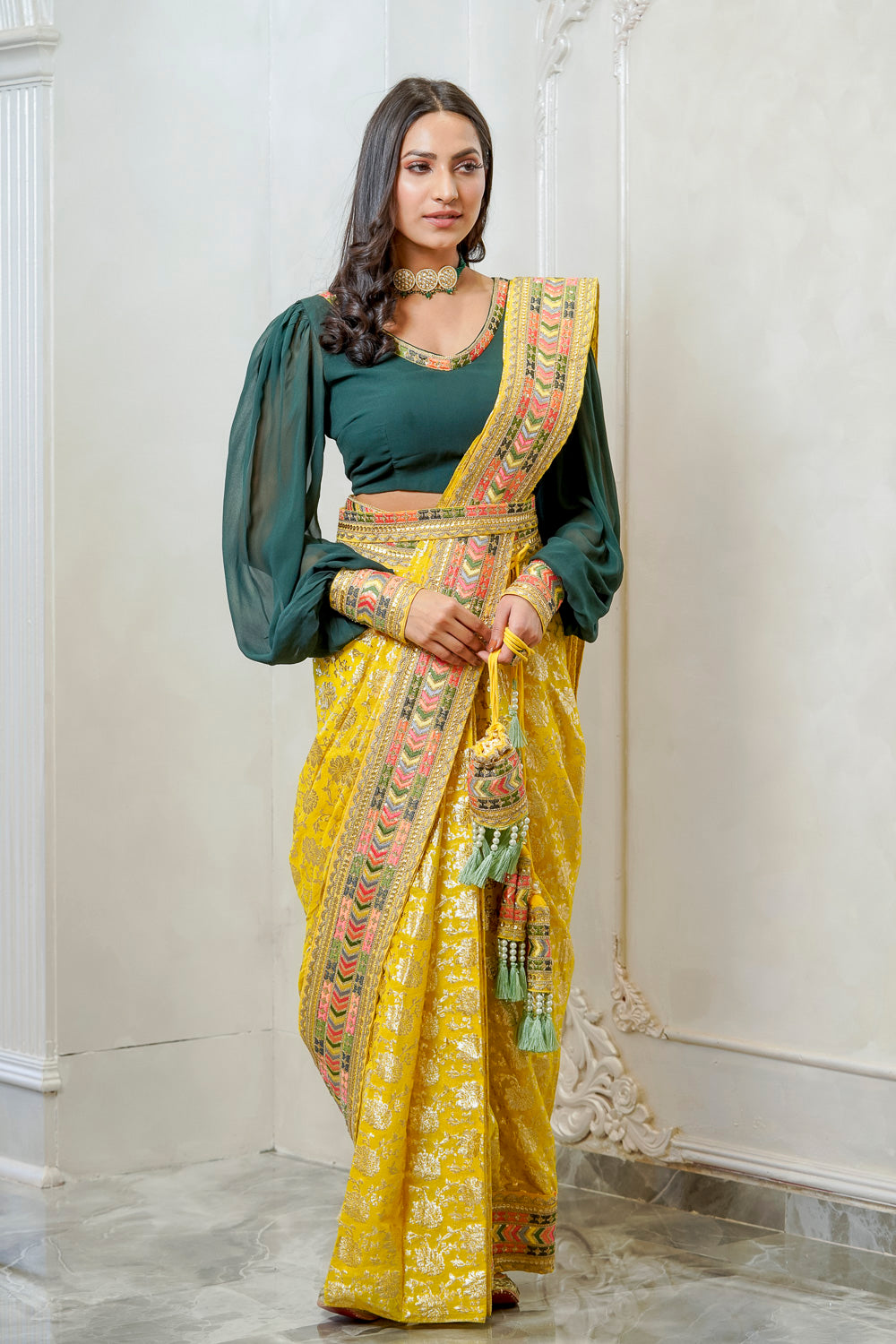 YELLOW BANARSI EMBELLISHED SAREE WITH CONTRASTING BLOUSE (7558032163062)