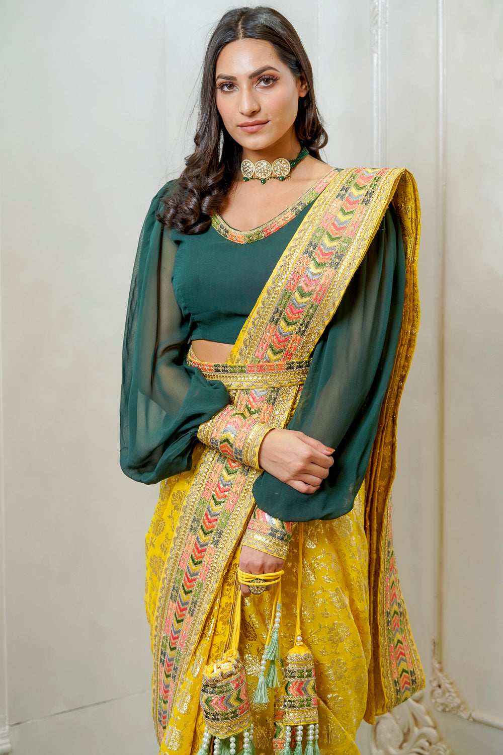 YELLOW BANARSI EMBELLISHED SAREE WITH CONTRASTING BLOUSE (7558032163062)