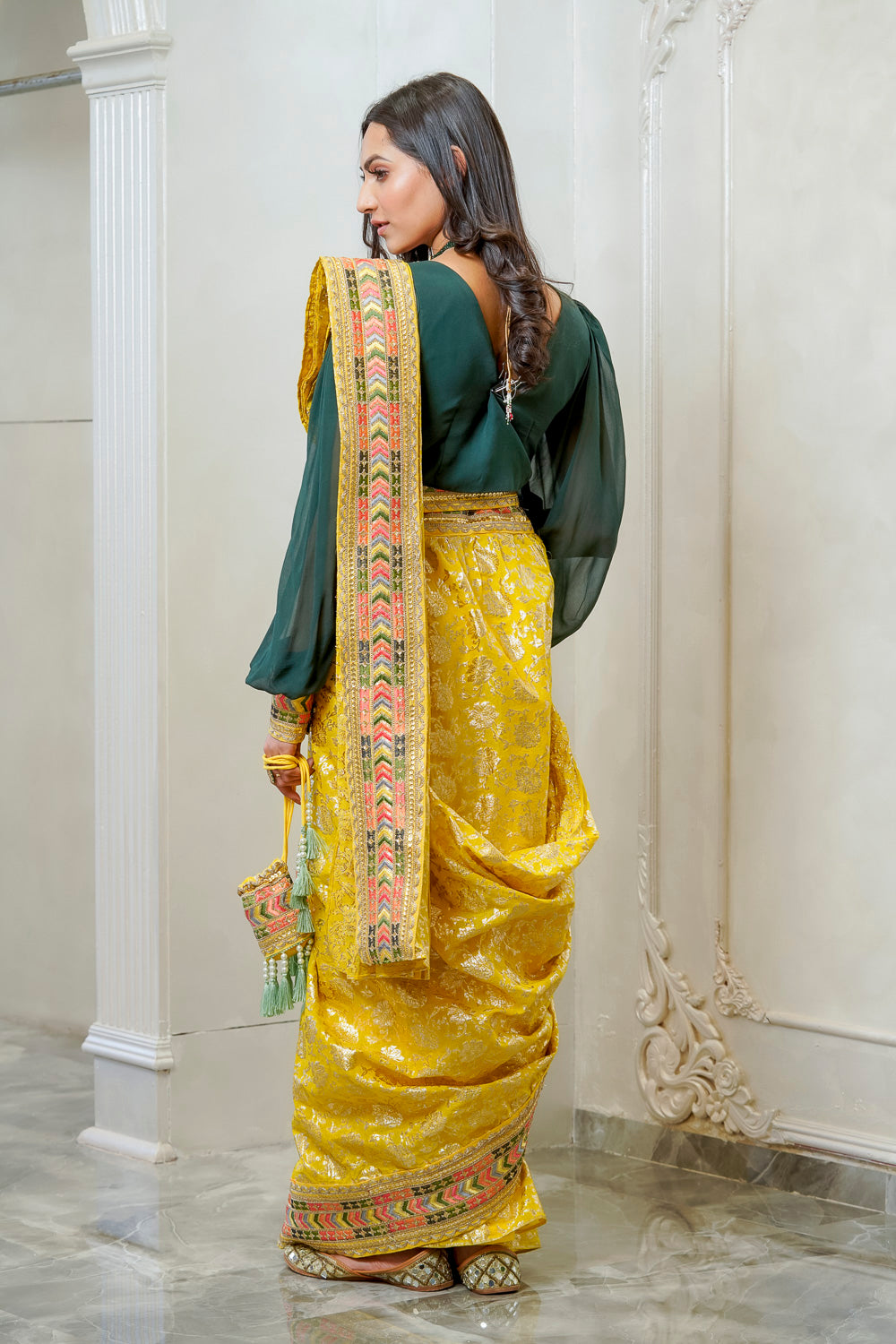 YELLOW BANARSI EMBELLISHED SAREE WITH CONTRASTING BLOUSE (7558032163062)