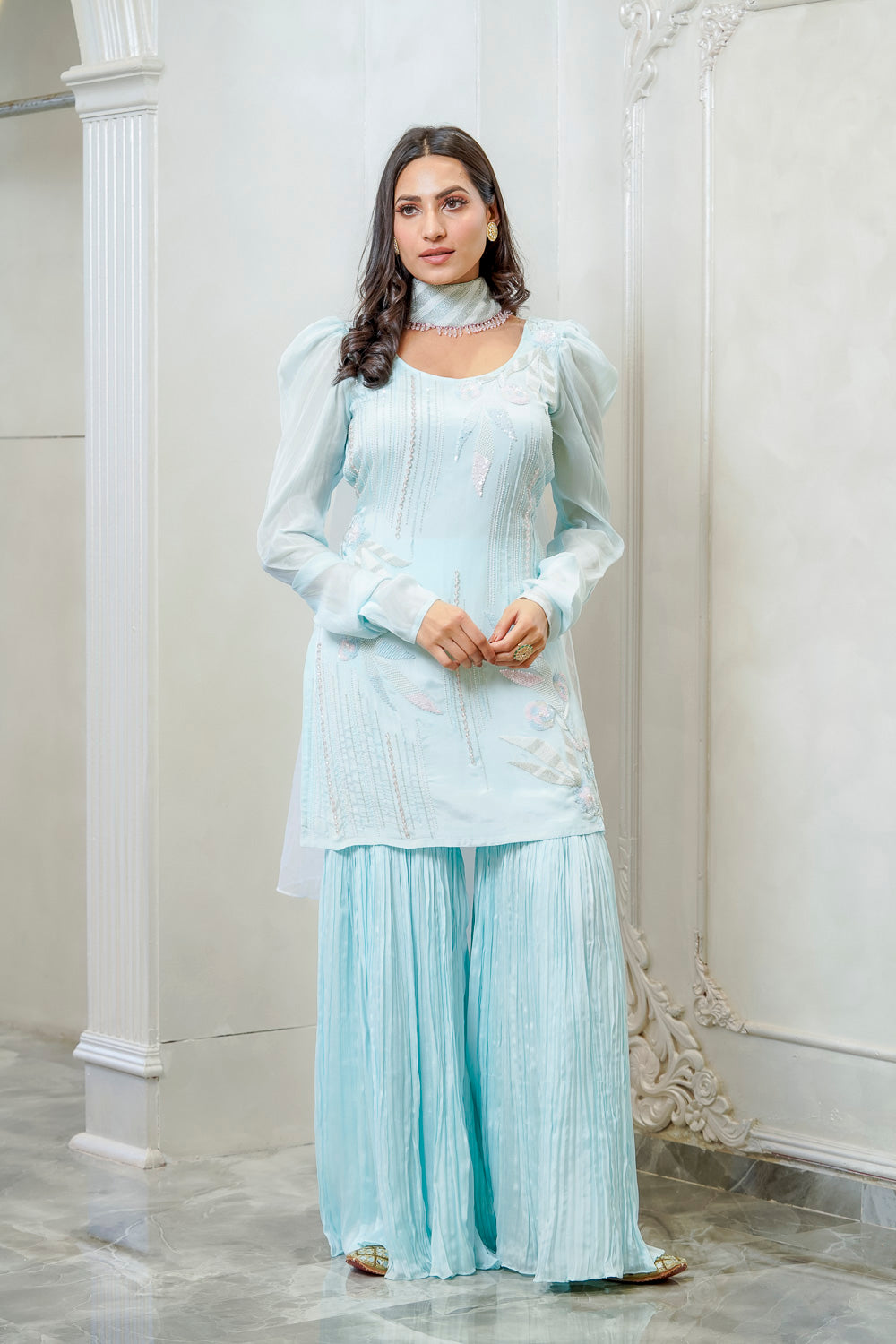 SKY BLUE EMBELLISHED SHARARA SET (7558043074806)