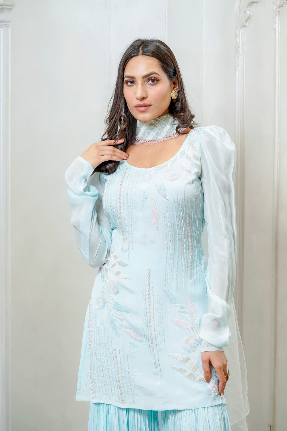 SKY BLUE EMBELLISHED SHARARA SET (7558043074806)