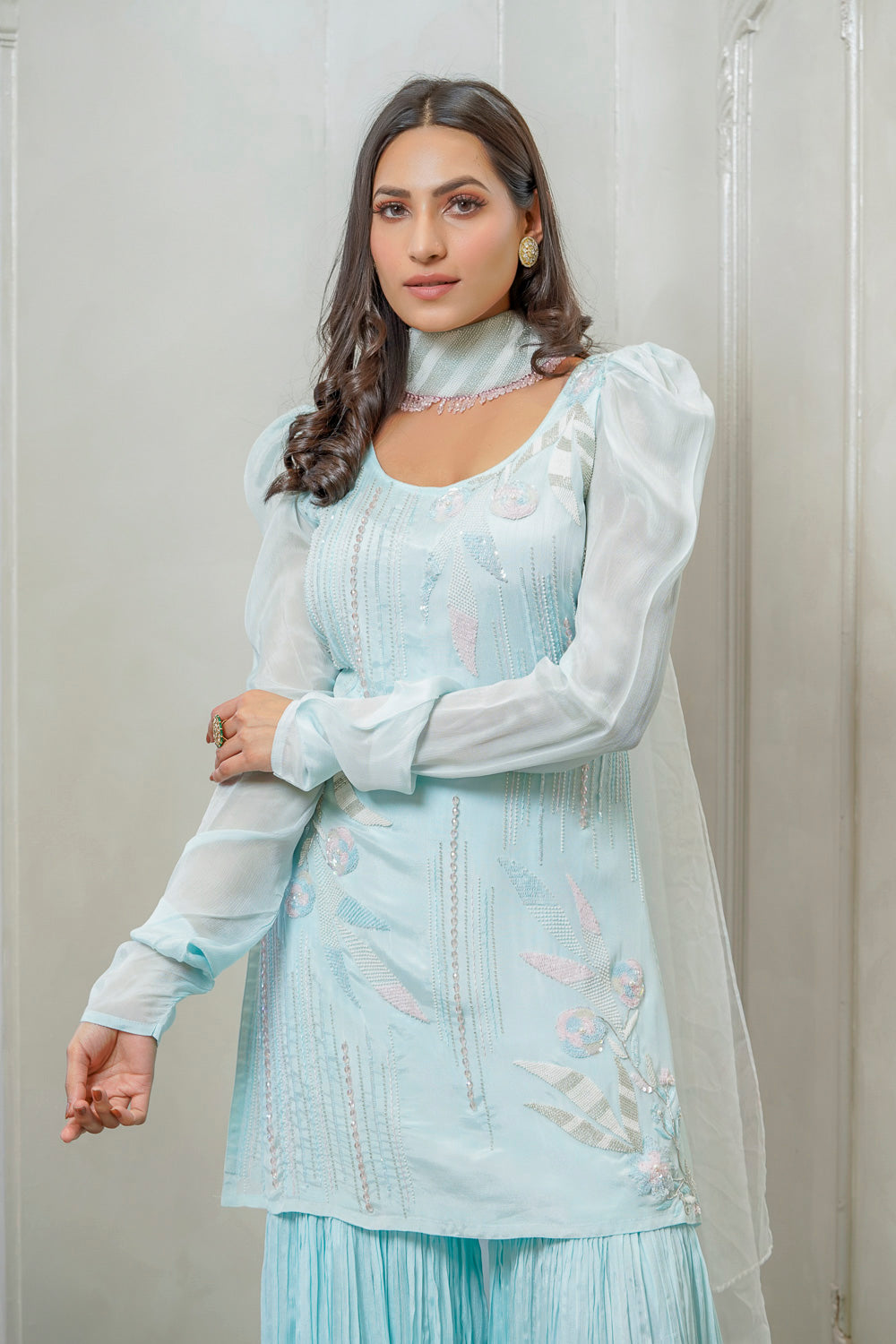 SKY BLUE EMBELLISHED SHARARA SET (7558043074806)