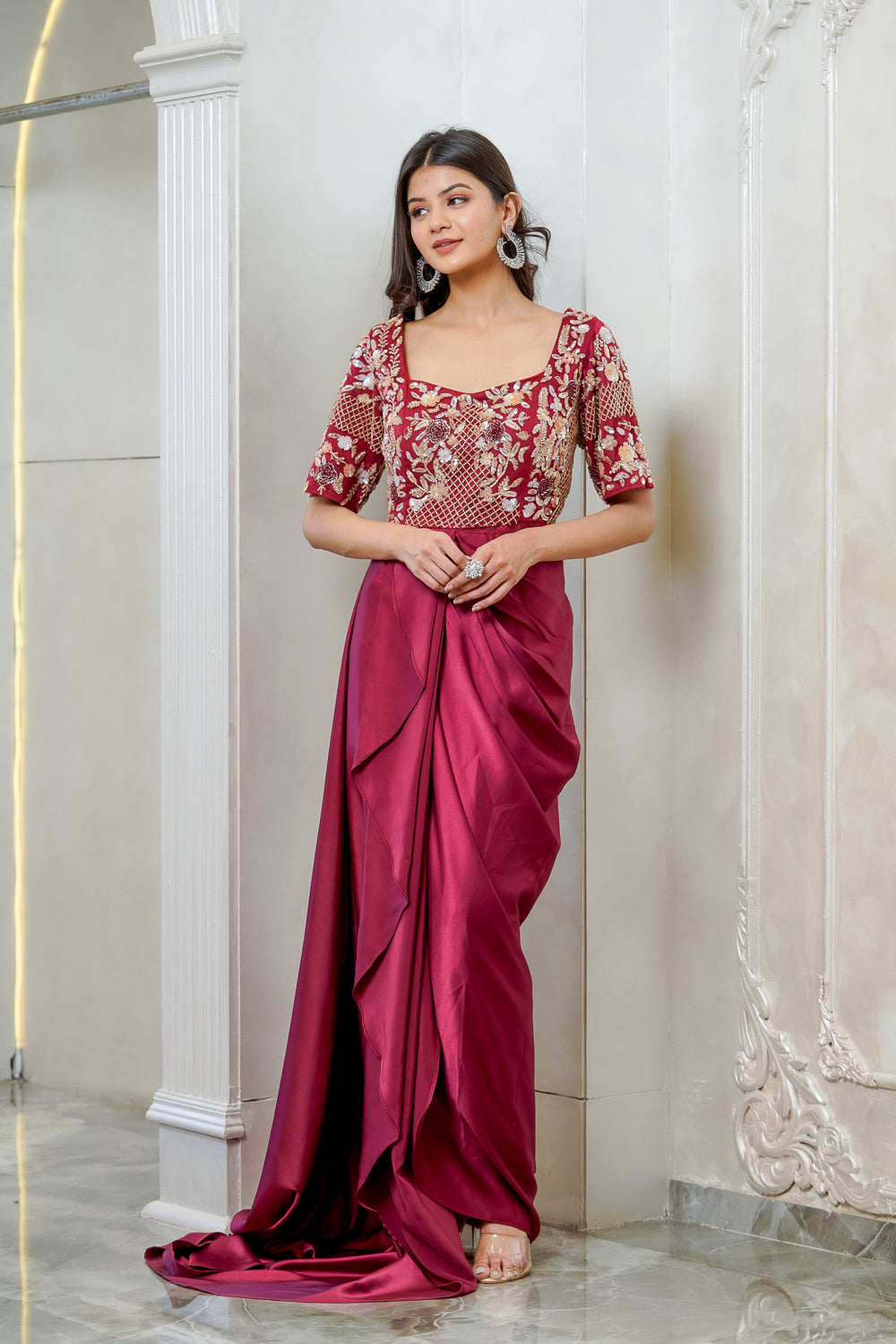 MAROON SATIN EMBELLISHED DRAPE GOWN (7558046351606)