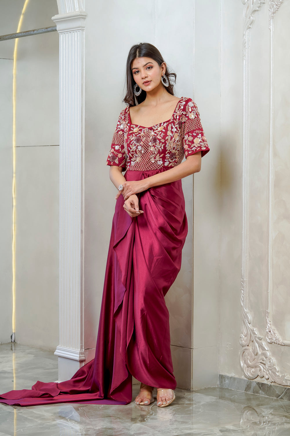 MAROON SATIN EMBELLISHED DRAPE GOWN (7558046351606)