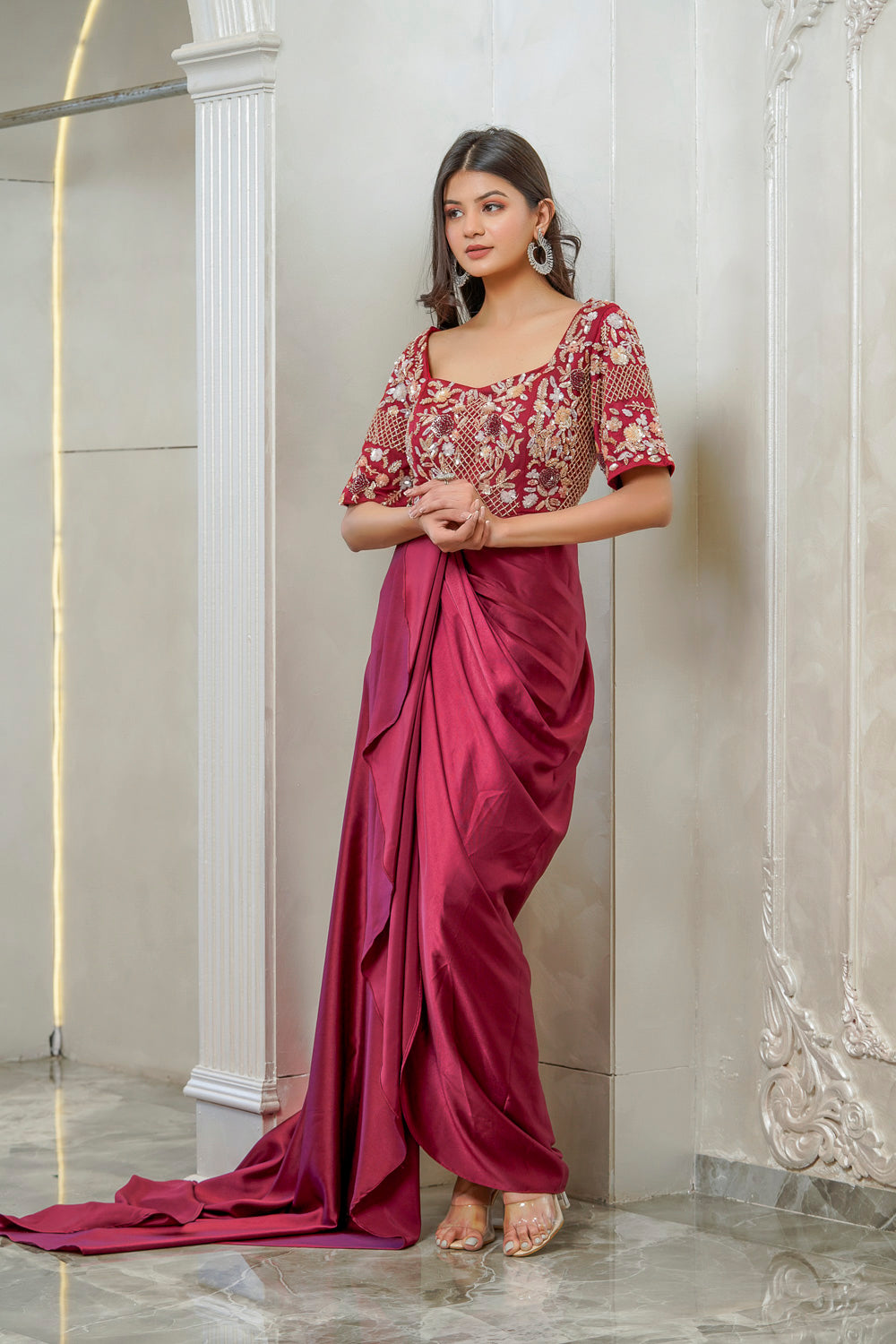 MAROON SATIN EMBELLISHED DRAPE GOWN (7558046351606)