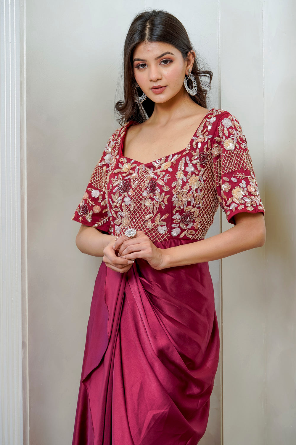 MAROON SATIN EMBELLISHED DRAPE GOWN (7558046351606)