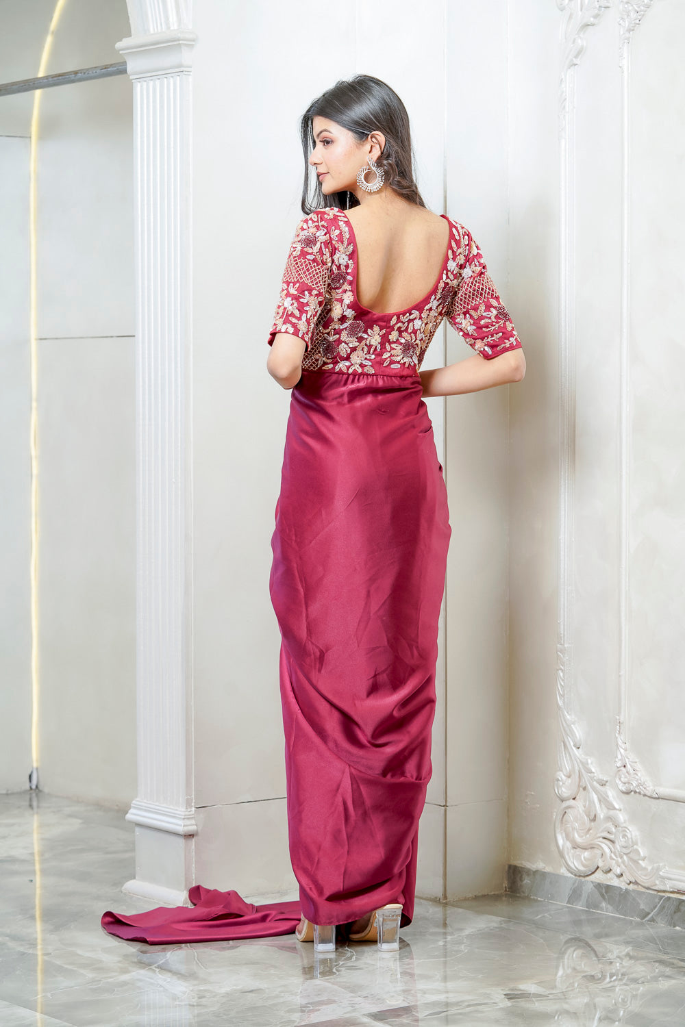 MAROON SATIN EMBELLISHED DRAPE GOWN (7558046351606)