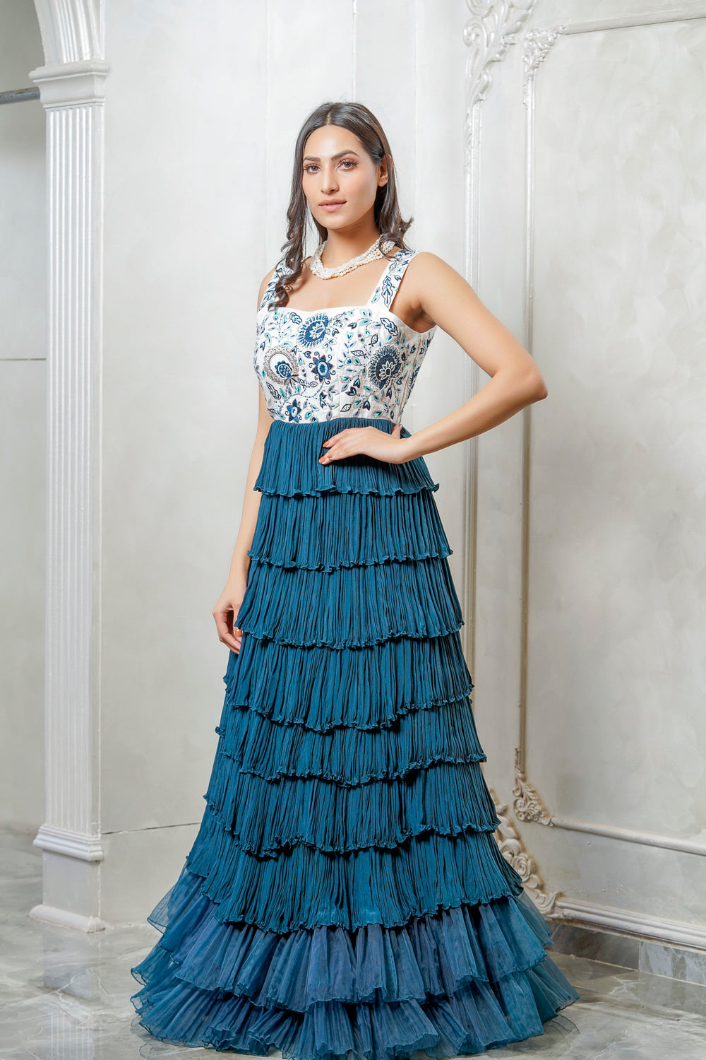 NAVY BLUE EMBELLISHED  PLEATED LAYERED GOWN (7558613663990)