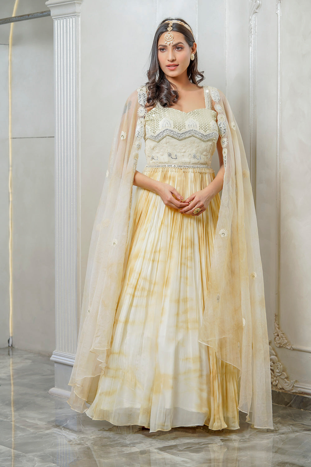 LEMON YELLOW TIE AND DYE EMBELLISHED GOWN WITH CAPE (7558633652470)