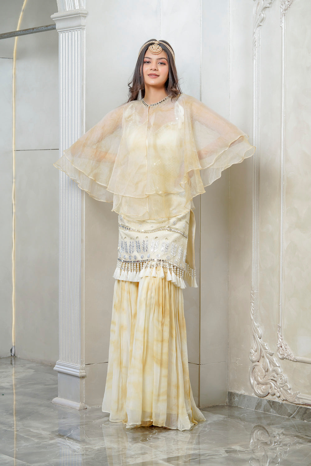 LEMON YELLOW TIE AND DYE CAPE SHARARA SET (7558637256950)