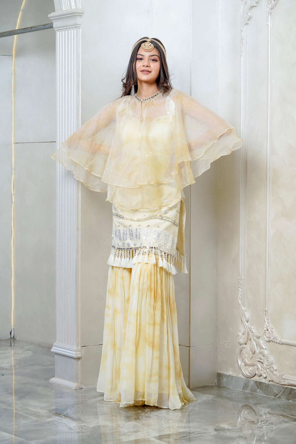 LEMON YELLOW TIE AND DYE CAPE SHARARA SET (7558637256950)