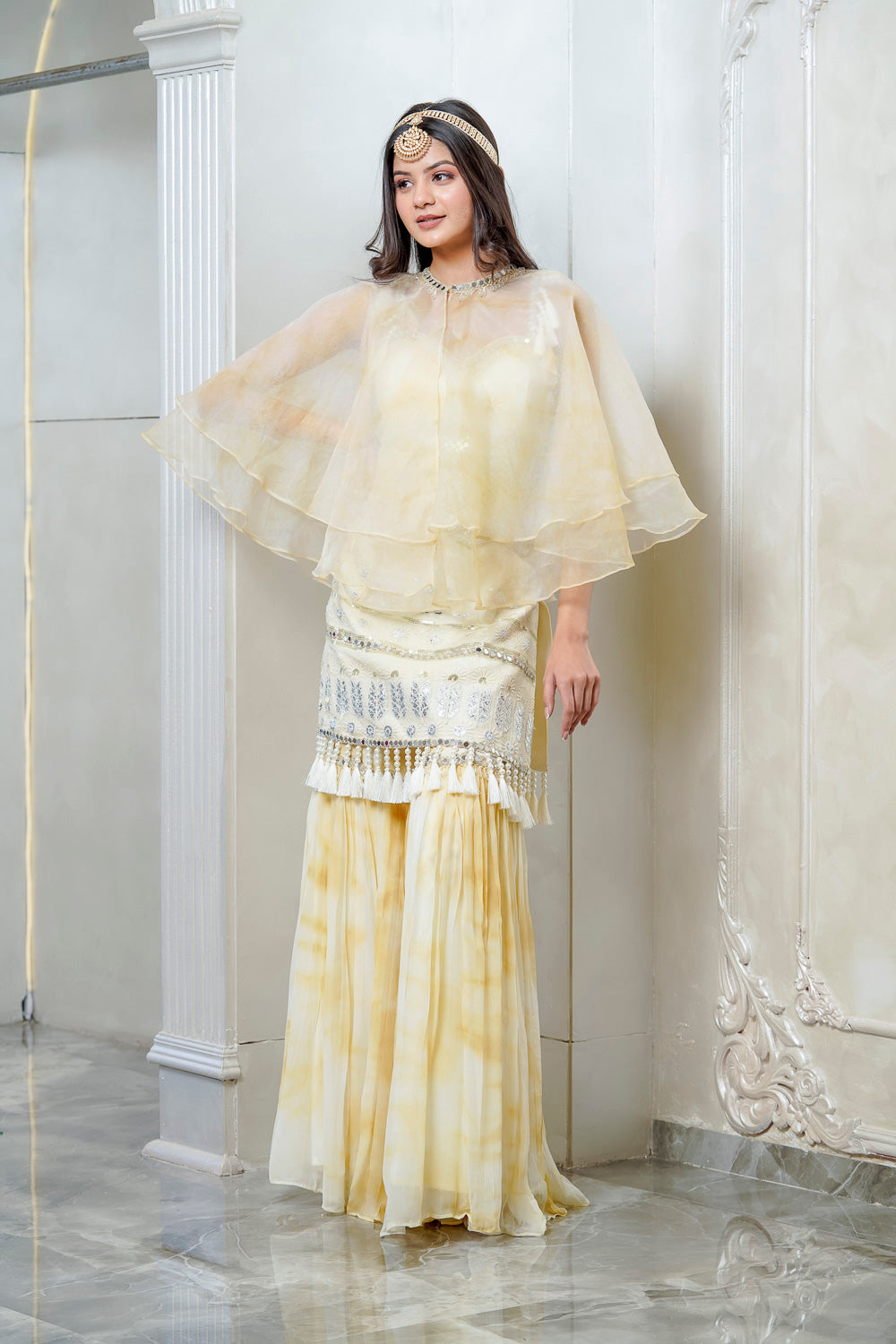 LEMON YELLOW TIE AND DYE CAPE SHARARA SET (7558637256950)
